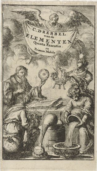 Scholar studies a book in the presence of Earth, Water and Fire, Jan Luyken, Jacob Claus, 1688