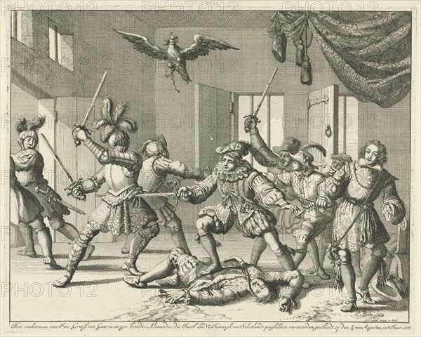 John and Alexander Ruthven slain during a battle with James I of England, 1600, Jan Luyken, 1679 - 1684