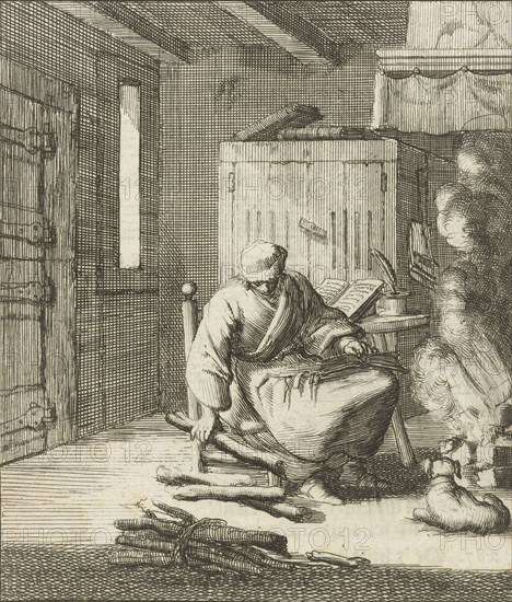 Writer William Shutter sitting on a low chair by the fire and picks up a few pieces of firewood, Jan Luyken, Gerbrandt Schagen, 1687