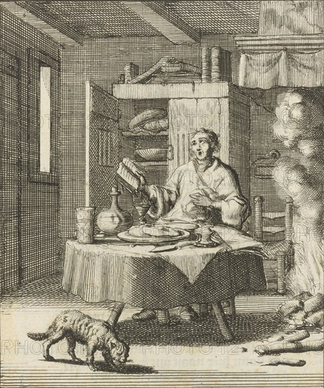 The writer William Shutter sits at a table and sings after meals from a Psalter, Jan Luyken, Gerbrandt Schagen, 1687