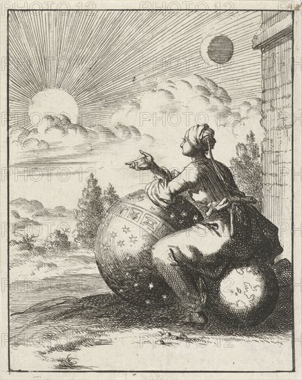Female looking at the setting sun while sitting on a globe and leaning on a celestial globe, the setting sun, Jan Luyken, Pieter Arentsz (II), 1687