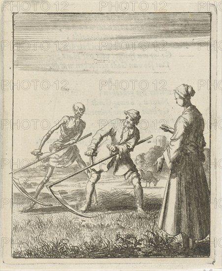 A woman beholds a mower behind whom stands Death with a scythe, Jan Luyken, Pieter Arentsz (II), 1687