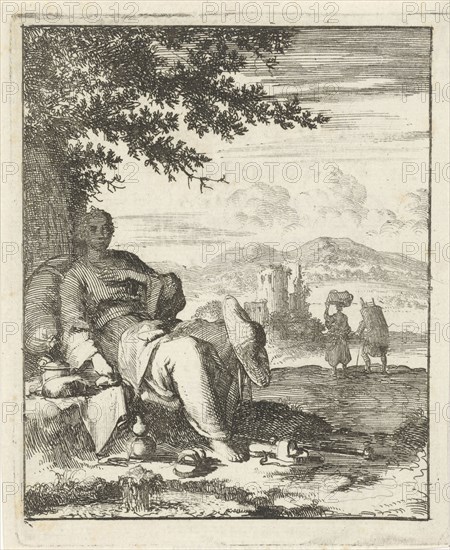 Woman sitting in the shade under a tree, print maker: Jan Luyken, Pieter Arentsz II, 1687