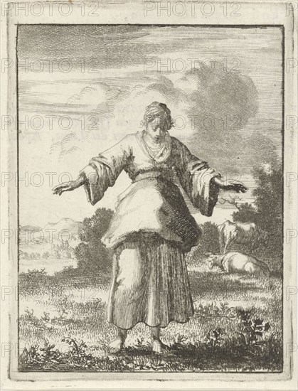 Female looking at the grass under her feet, Jan Luyken, Pieter Arentsz (II), 1687