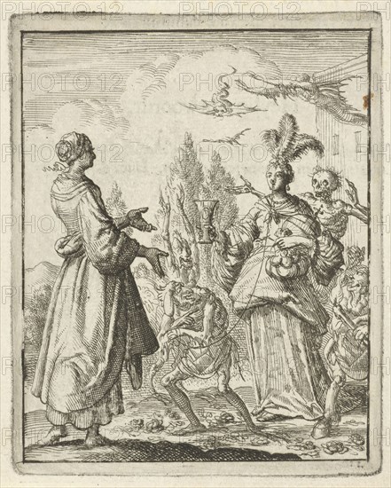 Woman pointing to richly dressed woman who is led on a string by Sin and is surrounded by death and Satan, Jan Luyken, Pieter Arentsz II, 1687