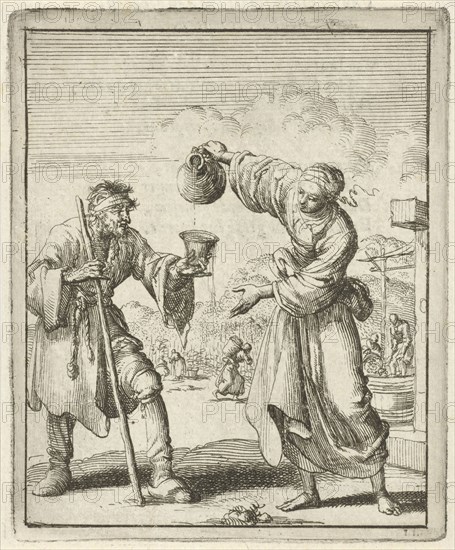 Woman gives a beggar wine, Jan Luyken, Pieter Arentsz (II), 1687