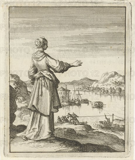 Woman overlooking a bay where a boat is pulled by a group of men, Jan Luyken, Pieter Arentsz (II), 1687