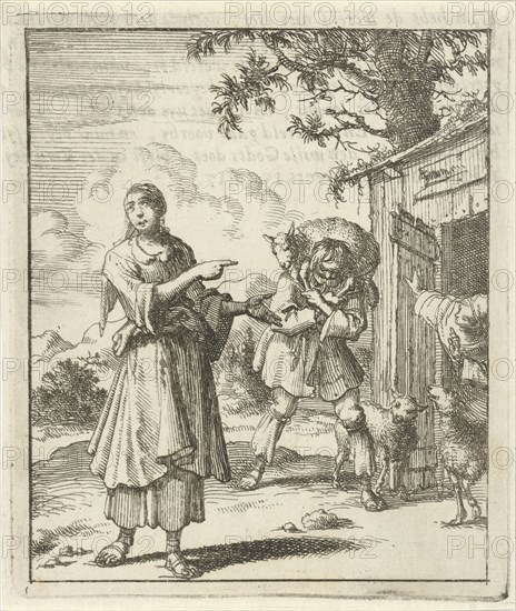 Woman pointing to a found sheep brought back to the stable on the shoulders of a man, Jan Luyken, Pieter Arentsz II, 1687