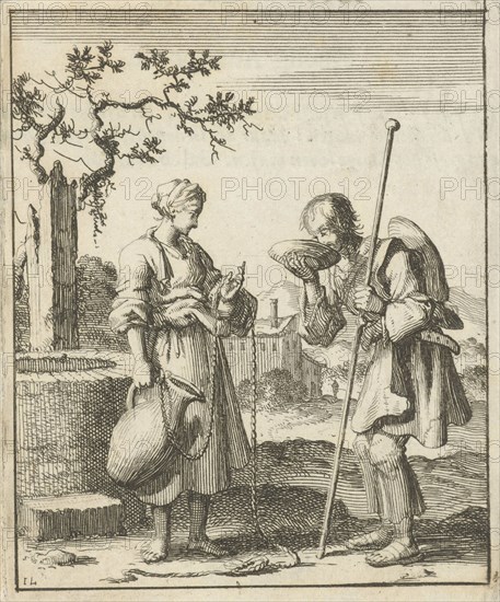 Wife gives a pilgrim water from a jug, Jan Luyken, Pieter Arentsz (II), 1687