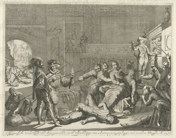 Abuse of a bride by Spanish soldiers during the Spanish Fury in Antwerp, Belgium, 1576, Jan Luyken, 1679 - 1684