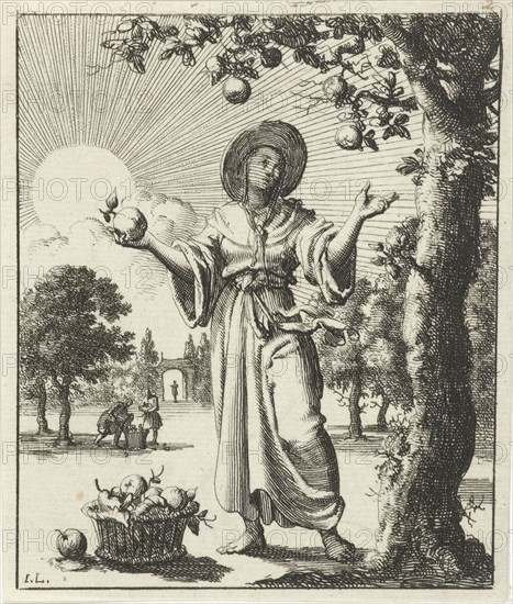 Woman collects fruits, Jan Luyken, Pieter Arentsz (II), 1687