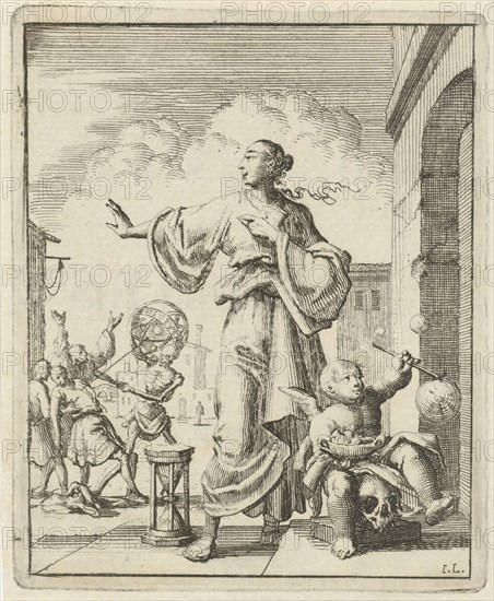 Women making defensive gesture to Death, who cuts the thread of life, print maker: Jan Luyken, Pieter Arentsz II, 1687