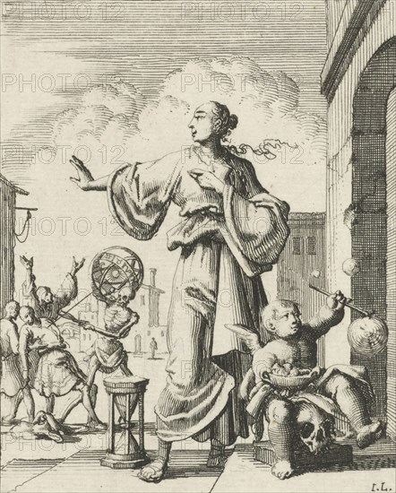 Women making defensive gesture to Death, who cuts the thread of life, print maker: Jan Luyken, Pieter Arentsz (II), 1687