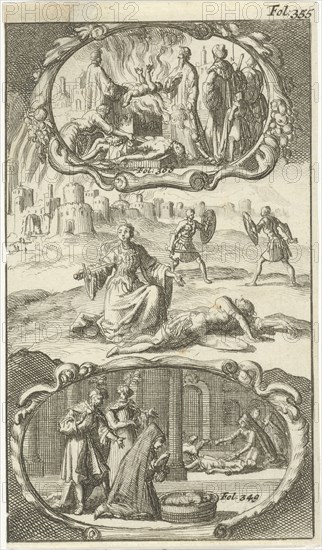 Jocasta kills herself, A living child is sacrificed, Mother of Thursines finds her son drowned, Jan Luyken, Johannes Boekholt, 1687