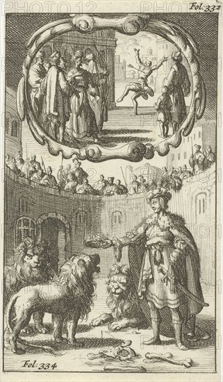 Cambyses kills the son of Prexaspis / Iron Henry, Duke of Holstein, between the lions, Jan Luyken, Johannes Boekholt, 1687
