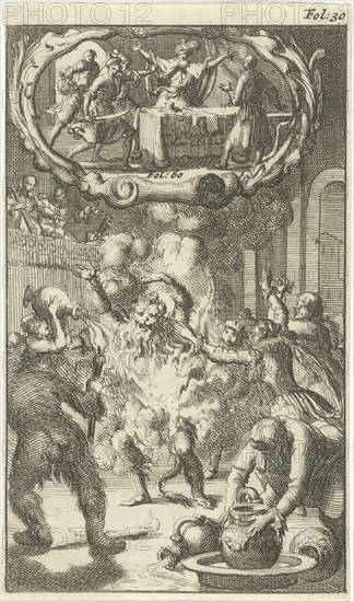 Charles VI, King of France, catches fire at a masquerade party / Ablabius ordered by Constantine the Great to be killed, Jan Luyken, Johannes Boekholt, 1687