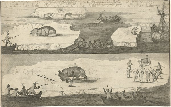 Hunting a polar bear, polar bear attacks a man, Jan Luyken, 1684