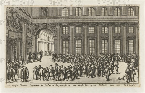 Freed slaves to thank the mayors of Amsterdam for their liberation, ca. 1682-1684, Jan Luyken, Jan Claesz ten Hoorn, 1684
