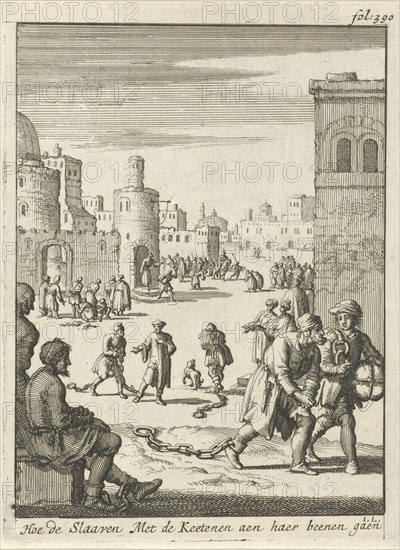 Slaves walk with chains on their ankles, Jan Luyken, Jan Claesz ten Hoorn, 1684