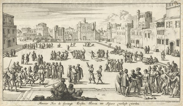 Christian prisoners are sold on a square in Algiers as slaves, Algeria, print maker: Jan Luyken, Jan Claesz ten Hoorn, 1684