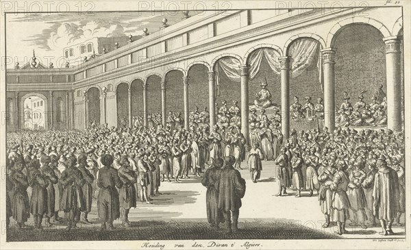 Asan Aga speaking to an audience on a large square, Jan Luyken, 1684