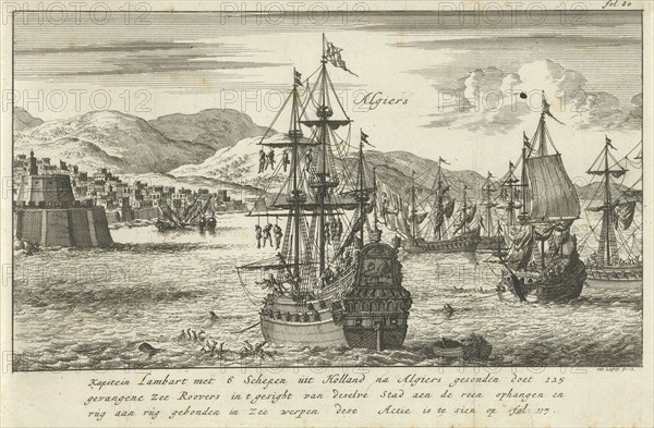 Captain Lambert Hendrikszoon hangs 125 pirates from the yards of his ships or throws them into the sea off the port of Algiers, Algeria, ca. 1619, Jan Luyken, Jan Claesz ten Hoorn, 1684