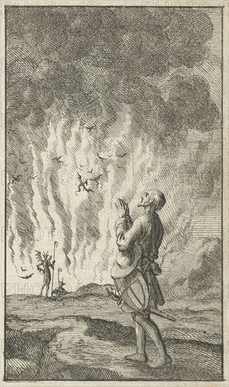 Christian is passing Hell while praying, Jan Luyken, Johannes Boekholt, 1684