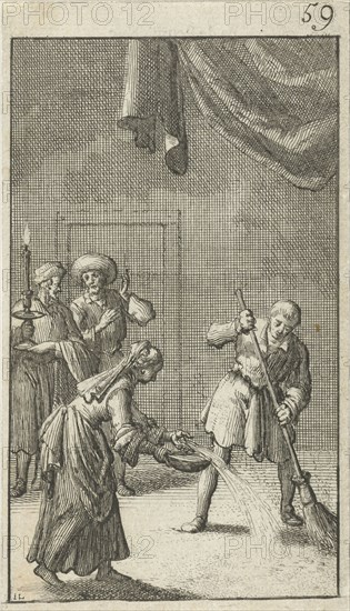 Christian watches as a man and woman are cleaning the floor, Jan Luyken, Johannes Boekholt 1684