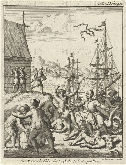 Fakir attacks with a knife a group of sailors, print maker: Jan Luyken, weduwe Joannes van Someren, 1682