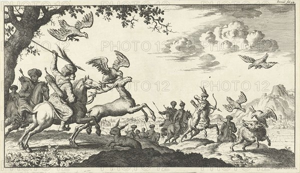 Mohammedan princes hunting, print maker: Jan Luyken, weduwe Joannes van Someren, 1682