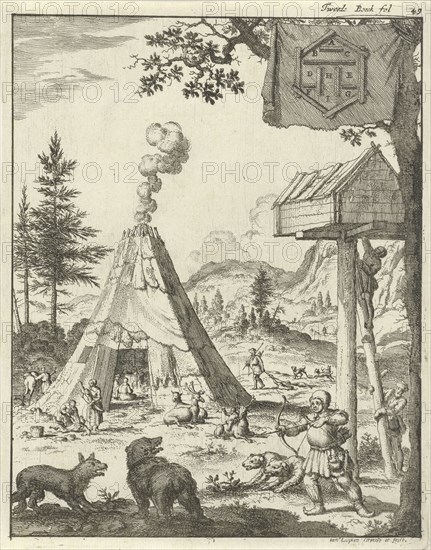 Laplander aims his bow and arrow at a wolf and a bear, Lapland, print maker: Jan Luyken, Jan Claesz ten Hoorn, 1682