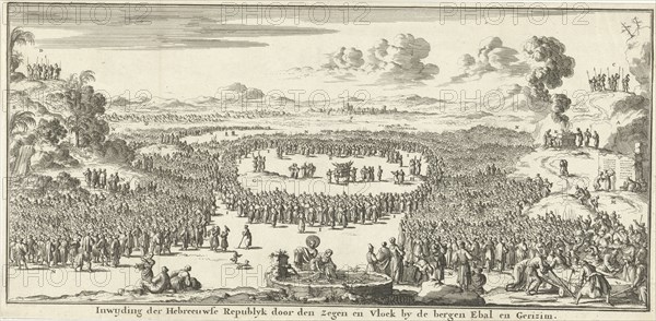 Israelites bring burnt offerings and sacrifices on Mount Ebal and Gerizim, print maker: Jan Luyken, Willem Goeree, 1683