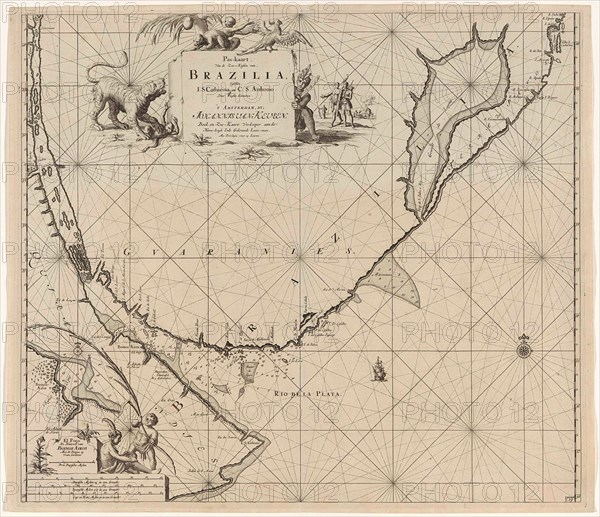Sea chart of part of the coast of Brazil, Uruguay and Argentina, Jan Luyken, Claes Jansz Voogt, Johannes van Keulen I, 1683-1799