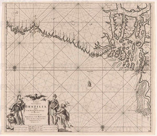 Sea chart of part of the coast of Brazil with the delta of the Amazon river, print maker: Jan Luyken, Claes Jansz Voogt, Johannes van Keulen I, 1683 - 1799