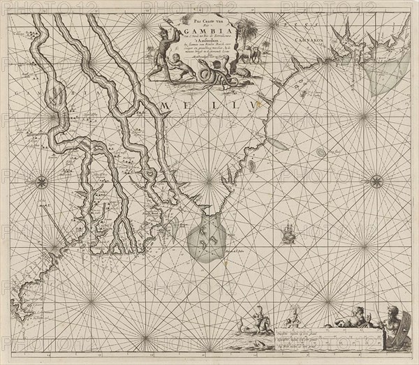 Sea chart of the coast of Gambia and part of the coast of Senegal, Guinea and Sierra Leone, print maker: Jan Luyken, Johannes van Keulen I, unknown, 1683 - 1799