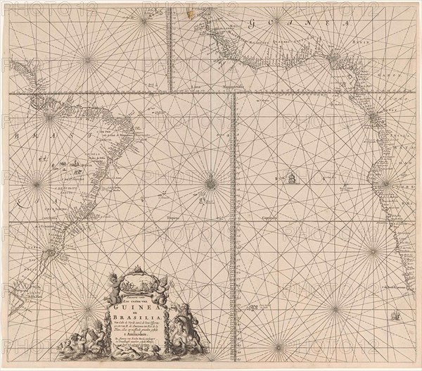 Sea chart of the southern part of the Atlantic coasts of Africa and Brazil, Jan Luyken, Johannes van Keulen (I), unknown, 1683 - 1799