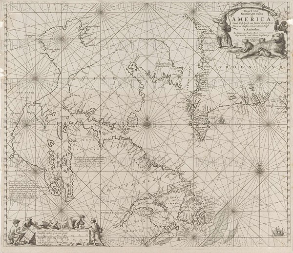 Sea chart a part of the coast of northern Canada and Greenland, with two compass roses, the North is to the left, print maker: Jan Luyken, Dating 1684 - 1799