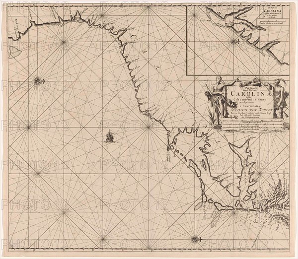 Sea chart of part of the east coast of the United States USA, print maker: Jan Luyken, Claes Jansz Voogt, Johannes van Keulen I, 1684 - 1799