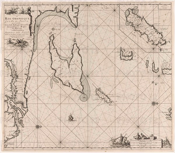 Sea chart of the Gulf of Paria to the mouth of the Orinoco river, Orinoquia, Venezuela, Jan Luyken, Claes Jansz Voogt, Johannes van Keulen I, 1684-1799