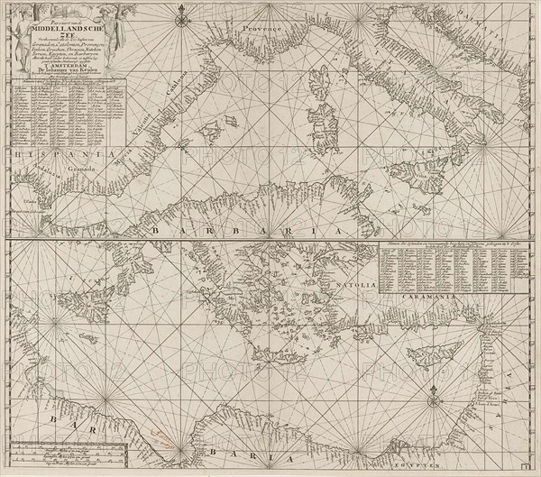 the Mediterranean Sea Map with over the western and the eastern part under, Anonymous, Johannes van Keulen (I), unknown, 1682 - 1803