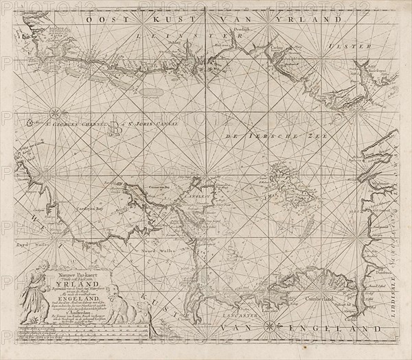 Sea chart of part of the Irish Sea between Ireland and Britain, and the St George's Channel, with two compass roses, the North is to the right, on the scale are two dogs and a shepherd, Jan Luyken, Dating 1681 - 1803