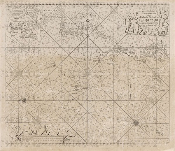 Sea chart of the Atlantic Ocean to the west coast of Europe and parts of Africa, Jan Luyken, Johannes van Keulen I, unknown, 1681-1803