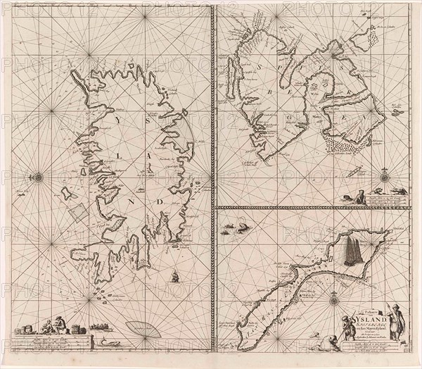 Three-piece waiver of Iceland, Jan Mayen Island and Spitsbergen, Jan Luyken, Johannes van Keulen I, unknown, 1681 - 1799