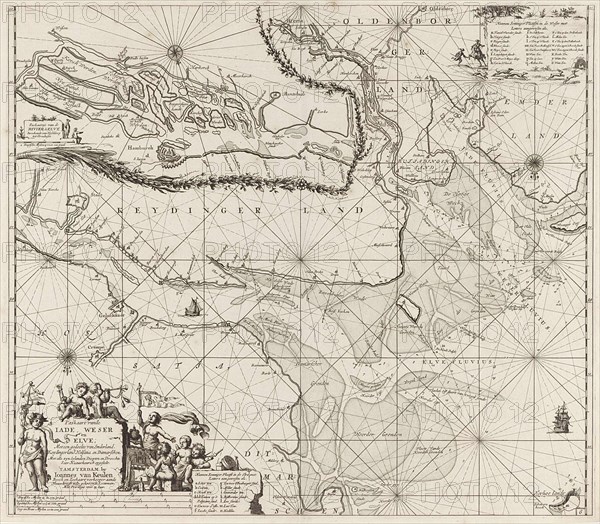 Sea chart of part of the Elbe, the Weser and Jadebusen, Jan Luyken, Johannes van Keulen I, unknown, 1681 - 1799