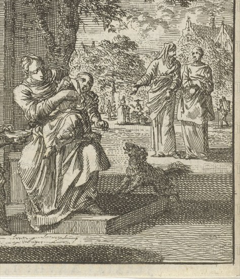 Mother washes her child on the sidewalk in front of the house, Jan Luyken, wed. Pieter Arentsz (II), Cornelis van der Sys, 1712