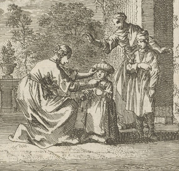 Child is given protective headgear in the garden, Jan Luyken, wed. Pieter Arentsz (II), Cornelis van der Sys, 1712