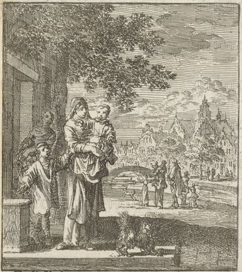 Mother with child on the sidewalk in front of her house, Jan Luyken, wed. Pieter Arentsz (II), Cornelis van der Sys, 1712