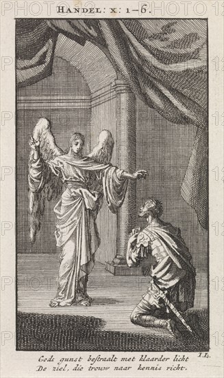 Cornelius kneels before the angel sent to him, Jan Luyken, wed. Pieter Arentsz & Cornelis van der Sys II, 1712