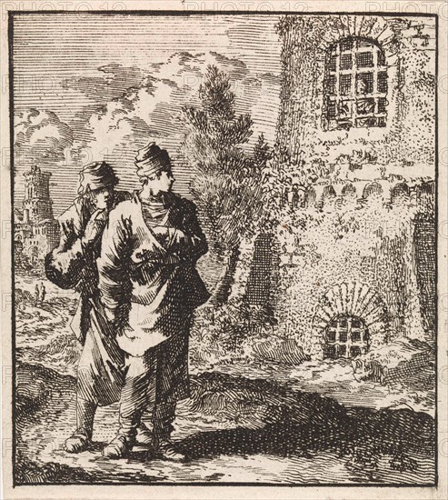 Two travelers watching a man behind the bars of a prison, print maker: Jan Luyken, wed. Pieter Arentsz & Cornelis van der Sys II, 1711