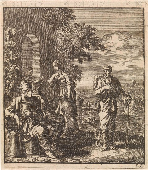 Seated man with cup and can turns from a thirsty hiker, print maker: Jan Luyken, wed. Pieter Arentsz & Cornelis van der Sys II, 1711